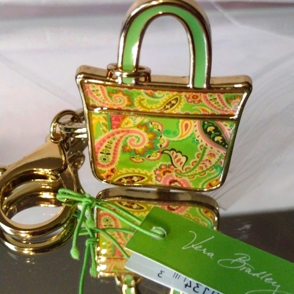 Vera Bradley Enamel Green  Pink & Gold Iconic Paisley 🛍️ Bag KeyRing 🎁 NWT - Picture 5 of 5